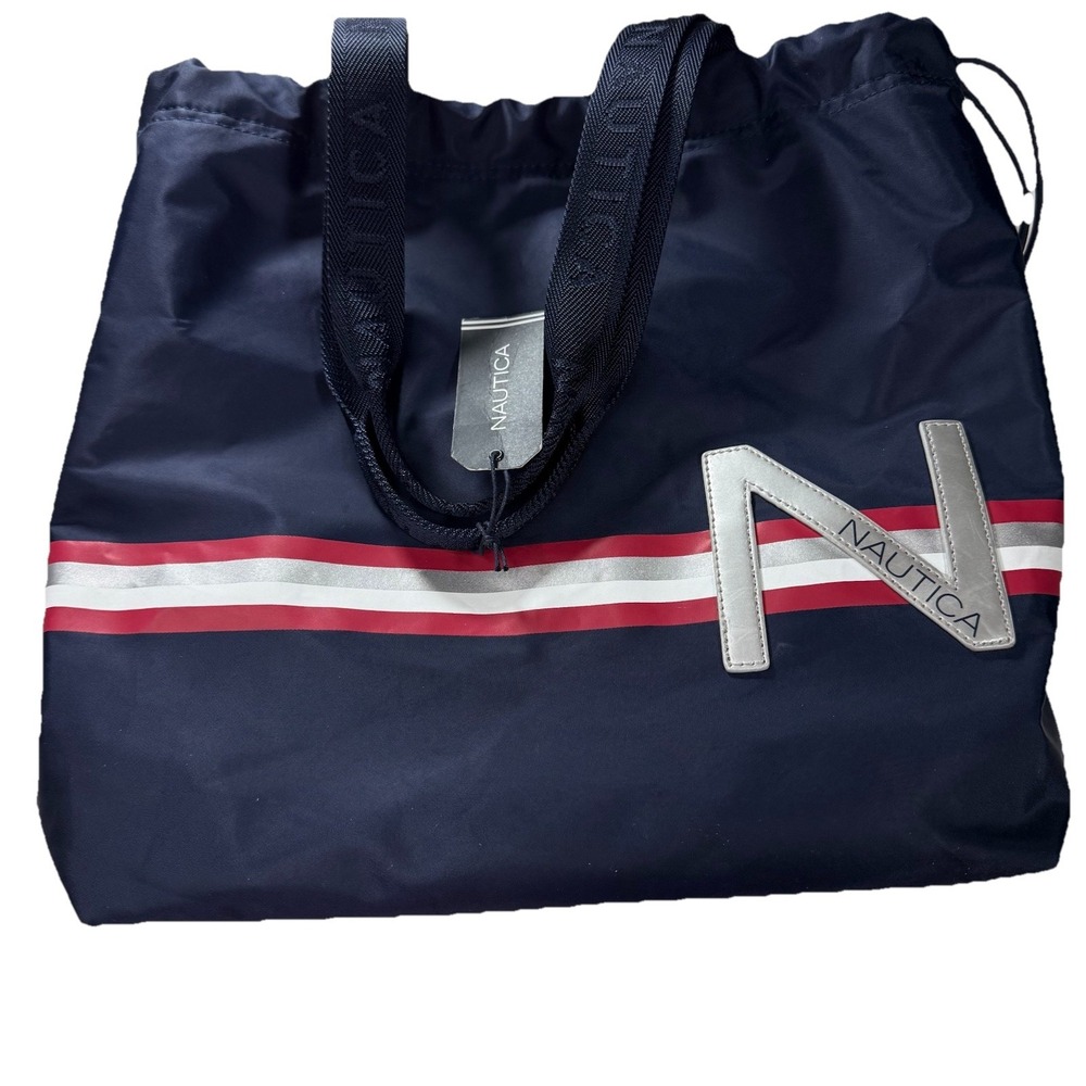 Nautica Nylon Navy Blue Drawstring Tote Bag Red White Silver Stripe Pattern